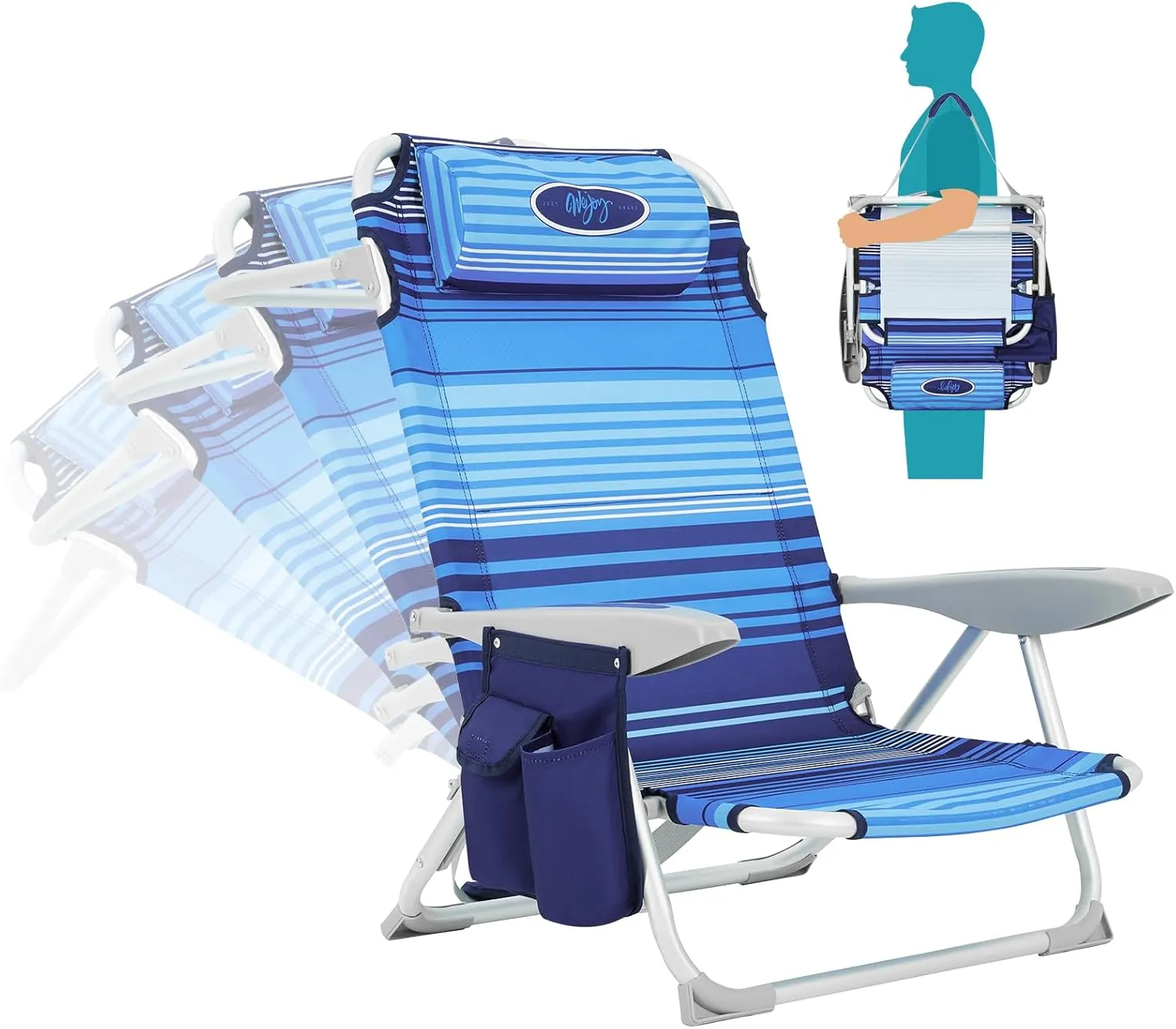 #WEJOY Folding Beach Chair for Adults, 4-Position Aluminum Lightweight Beach Chair, Low Sands Chairs with Shoulder Strap, Cup Holder and Padded Headrest, Supports 265lbs for Lawn