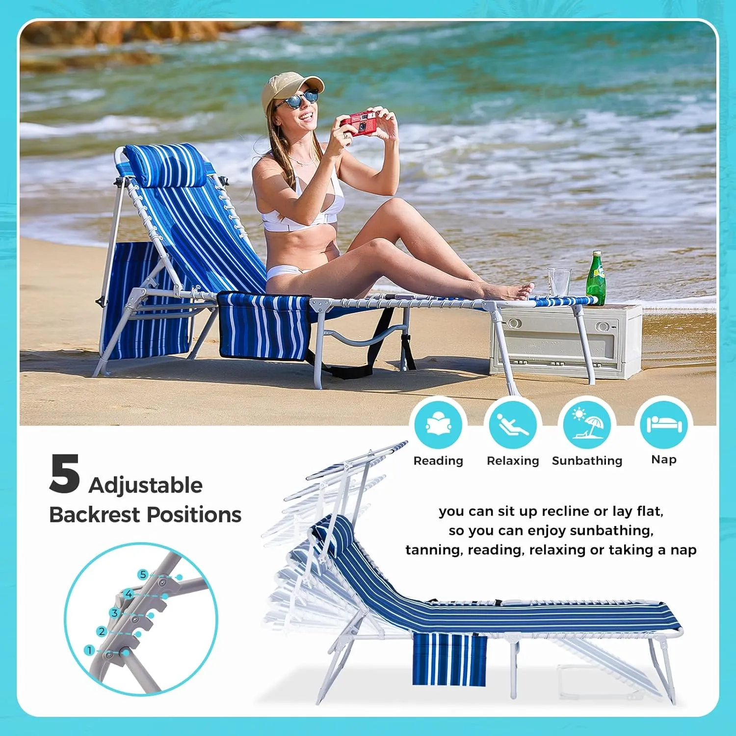 #WEJOY Folding Lounge Chair with Canopy Shade, Portable Adjustable 5-Position Patio Chaise Lounger with Pillow & Pouch for Lay Flat Outdoor Lawn Backyard Beach Camping Pool Tanning (Blue White)