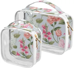 White and Pink Lilac Peony Toiletry Bag, 2 Pack TSA Approved Toiletry Bag Clear Cosmetic Makeup Bag for Women