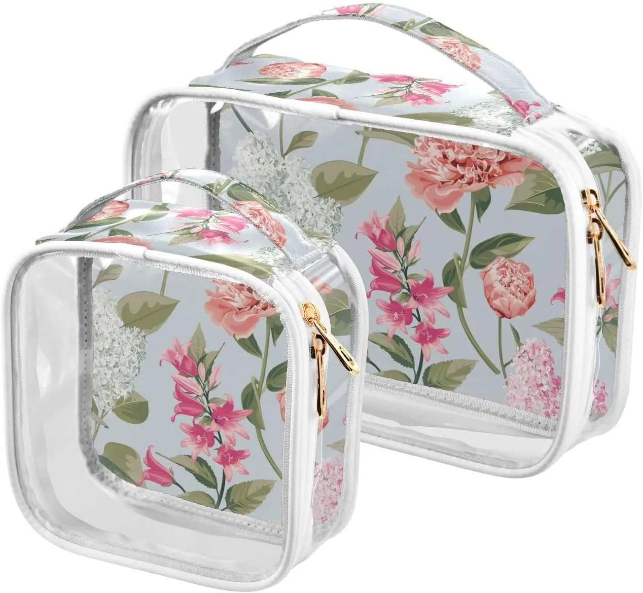 White and Pink Lilac Peony Toiletry Bag, 2 Pack TSA Approved Toiletry Bag Clear Cosmetic Makeup Bag for Women