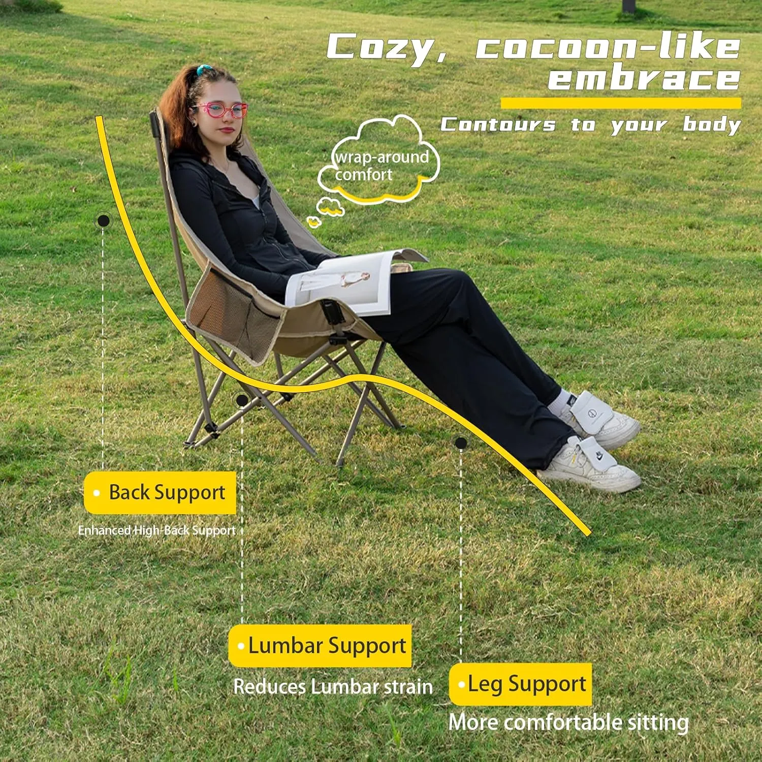 Whitsunday Camping Chair,Compact Backpacking Outdoor Chair,High Back Portable Folding Moon Chair for Heavy People,Beach Chair with Side Pocket-Green