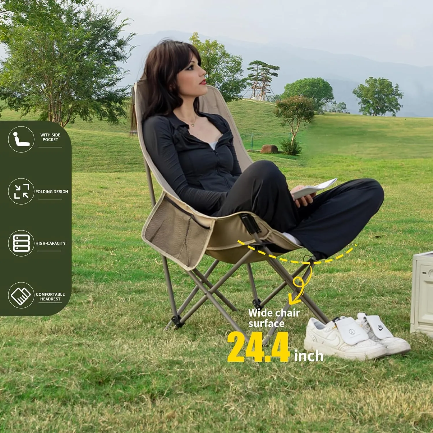 Whitsunday Camping Chair,Compact Backpacking Outdoor Chair,High Back Portable Folding Moon Chair for Heavy People,Beach Chair with Side Pocket-Green