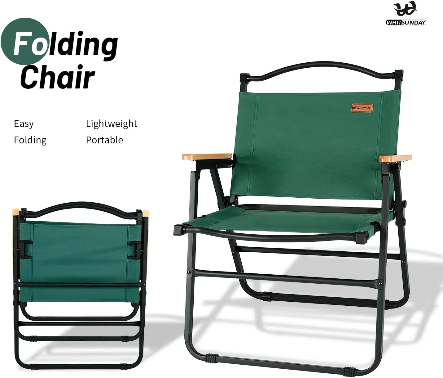 Whitsunday Camping Chairs Foldable Portable Chair Beach Chair Wood Armrest Metal Frame Travel Chair for Outdoor Camping Picnic Green 2Pcs