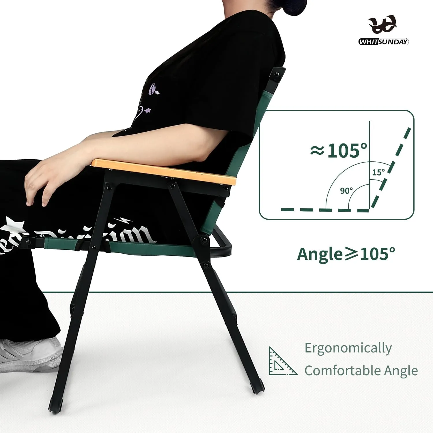 Whitsunday Camping Chairs Foldable Portable Chair Beach Chair Wood Armrest Metal Frame Travel Chair for Outdoor Camping Picnic Green 2Pcs