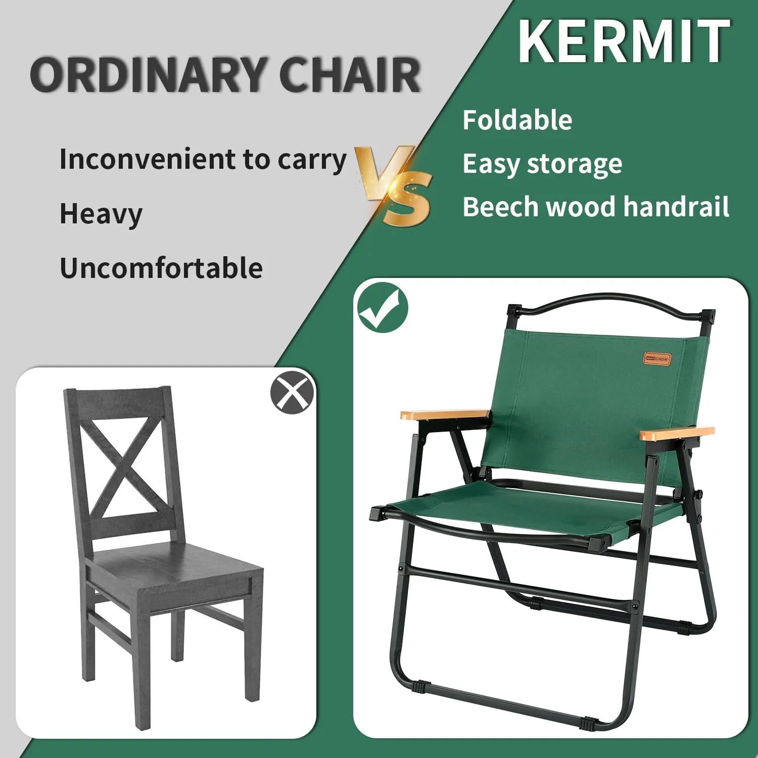 Whitsunday Camping Chairs Foldable Portable Chair Beach Chair Wood Armrest Metal Frame Travel Chair for Outdoor Camping Picnic Green 2Pcs
