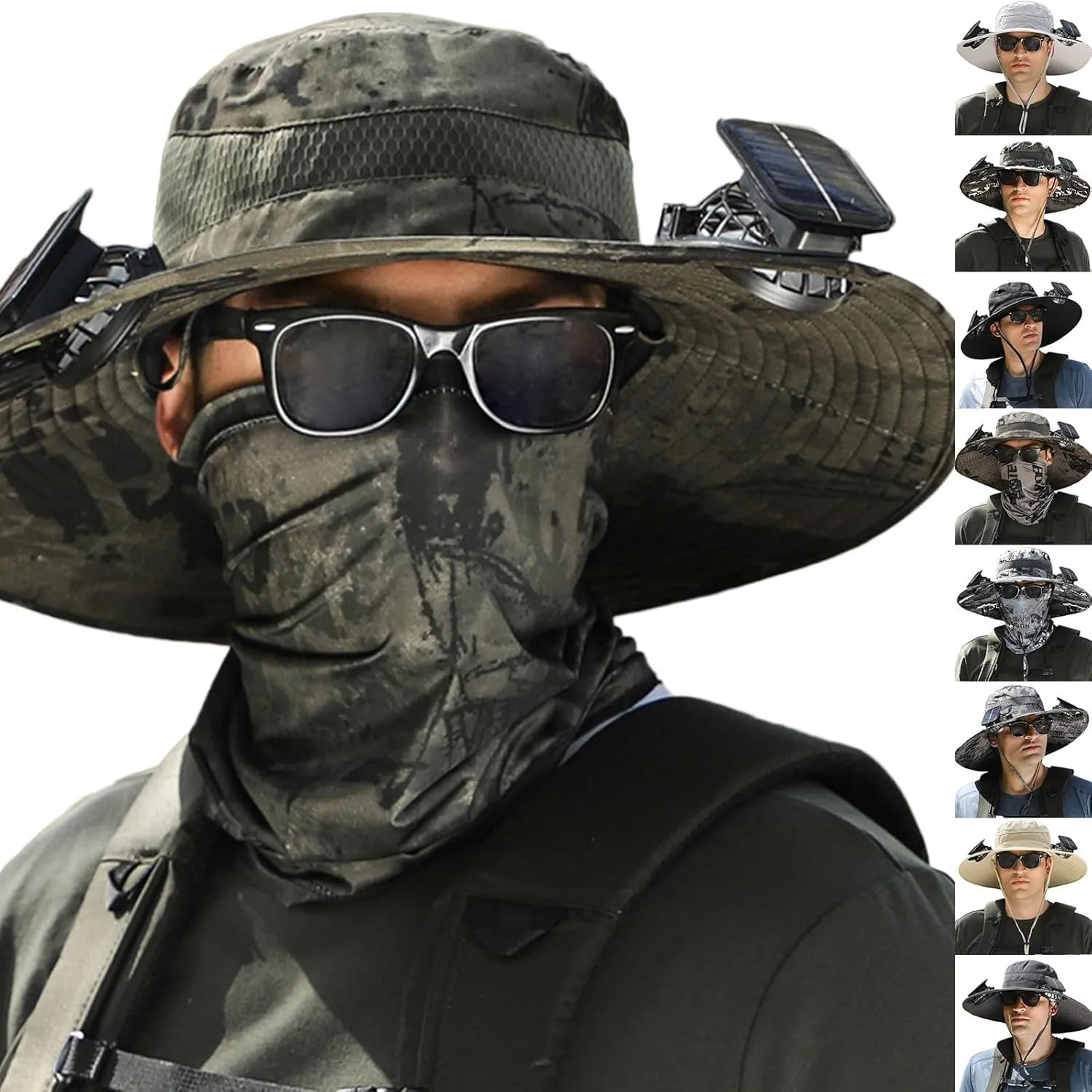 Wide Brim Fan Hat Solar Powered, UPF 50  Solar Power Fan Bucket Hats for Fishing Camping Hiking Outdoor Beach