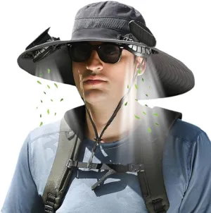 Wide Brim Solar Fan Hat, Mens Women Solar Fan Fishing Hat with 2 Fans - UPF 50  Outdoor Sun Hat with Fans Solar Power