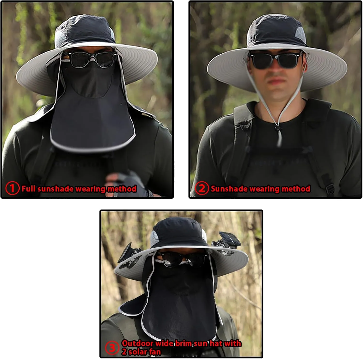 Wide Brim Solar Fan Hat Outdoor Fishing,Solar Powered Fan Hat,Fishing Hats for Men with Removable Neck Flap and Face Cover