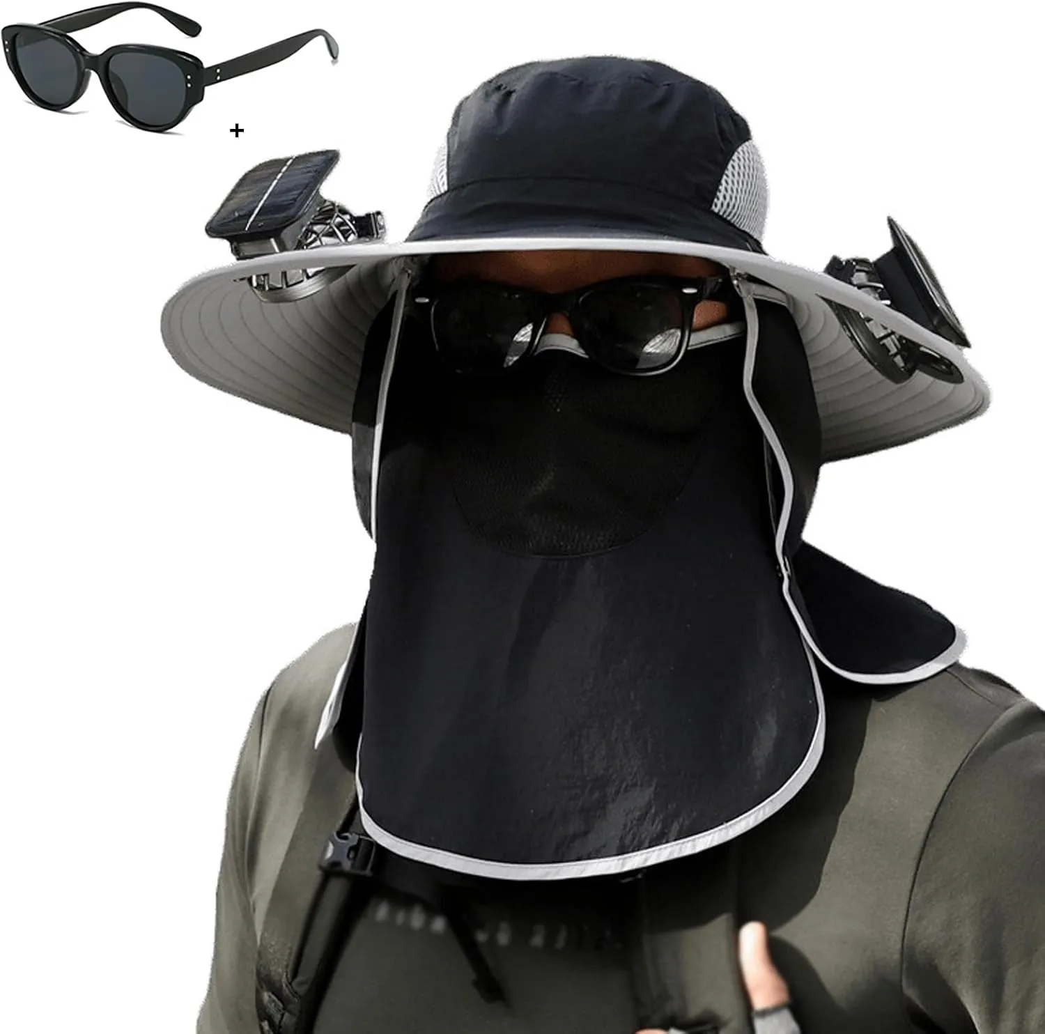 Wide Brim Solar Fan Hat Outdoor Fishing,Solar Powered Fan Hat,Fishing Hats for Men with Removable Neck Flap and Face Cover