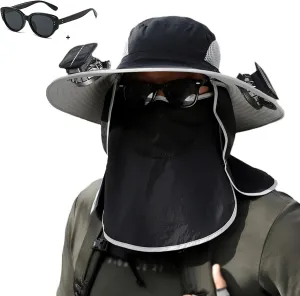 Wide Brim Solar Fan Hat Outdoor Fishing,Solar Powered Fan Hat,Fishing Hats for Men with Removable Neck Flap and Face Cover