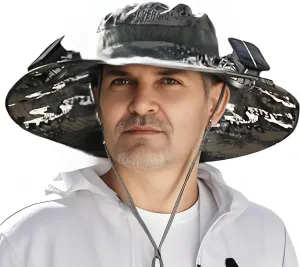 Wide Brim Solar Fan Hat, Outdoor Sun Hat with 2 Solar Power Fan for Men Women UPF 50  Sun Breathable Bucket Fishing