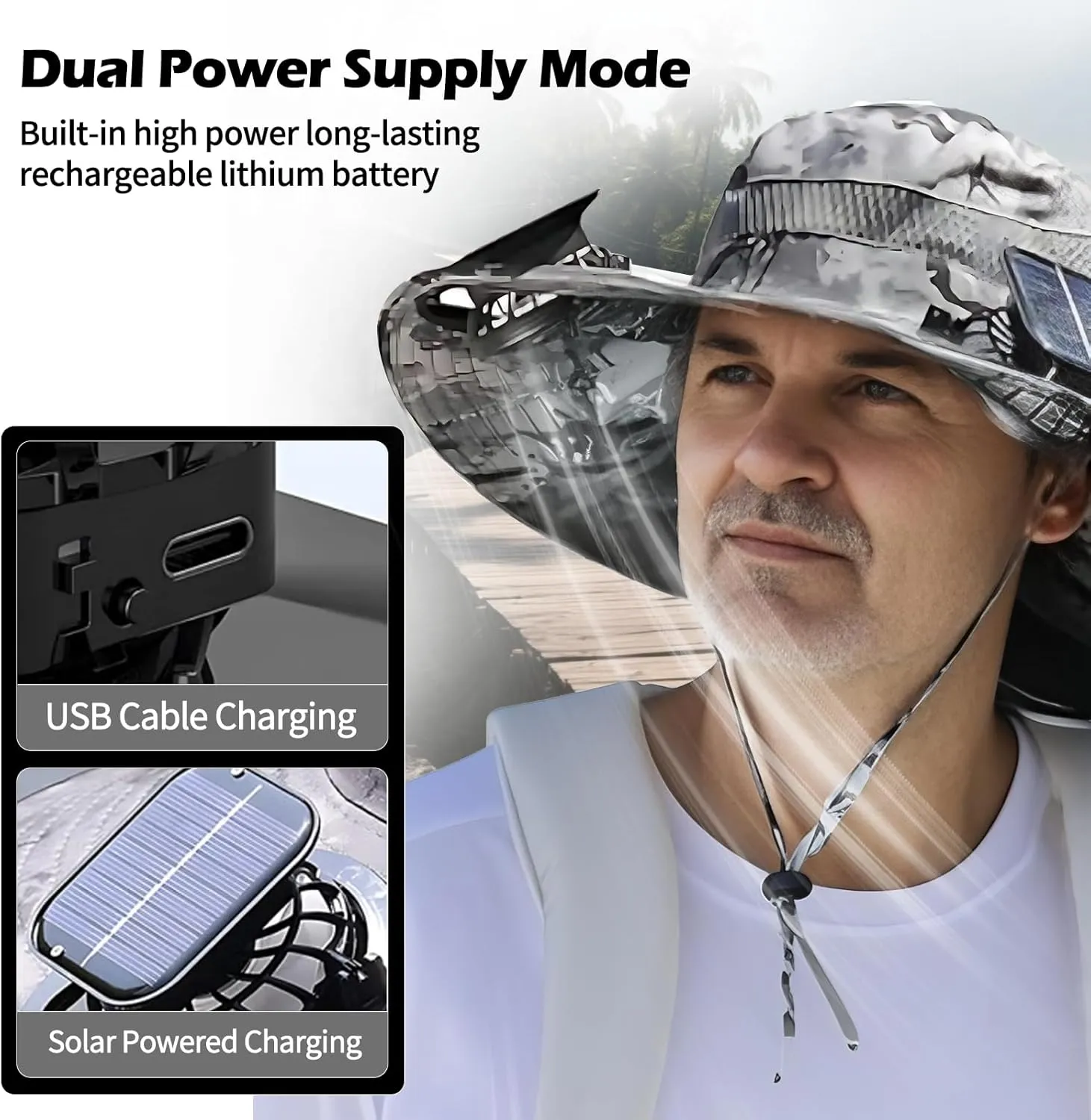 Wide Brim Solar Fan Hat, Outdoor Sun Hat with 2 Solar Power Fan for Men Women UPF 50  Sun Breathable Bucket Fishing