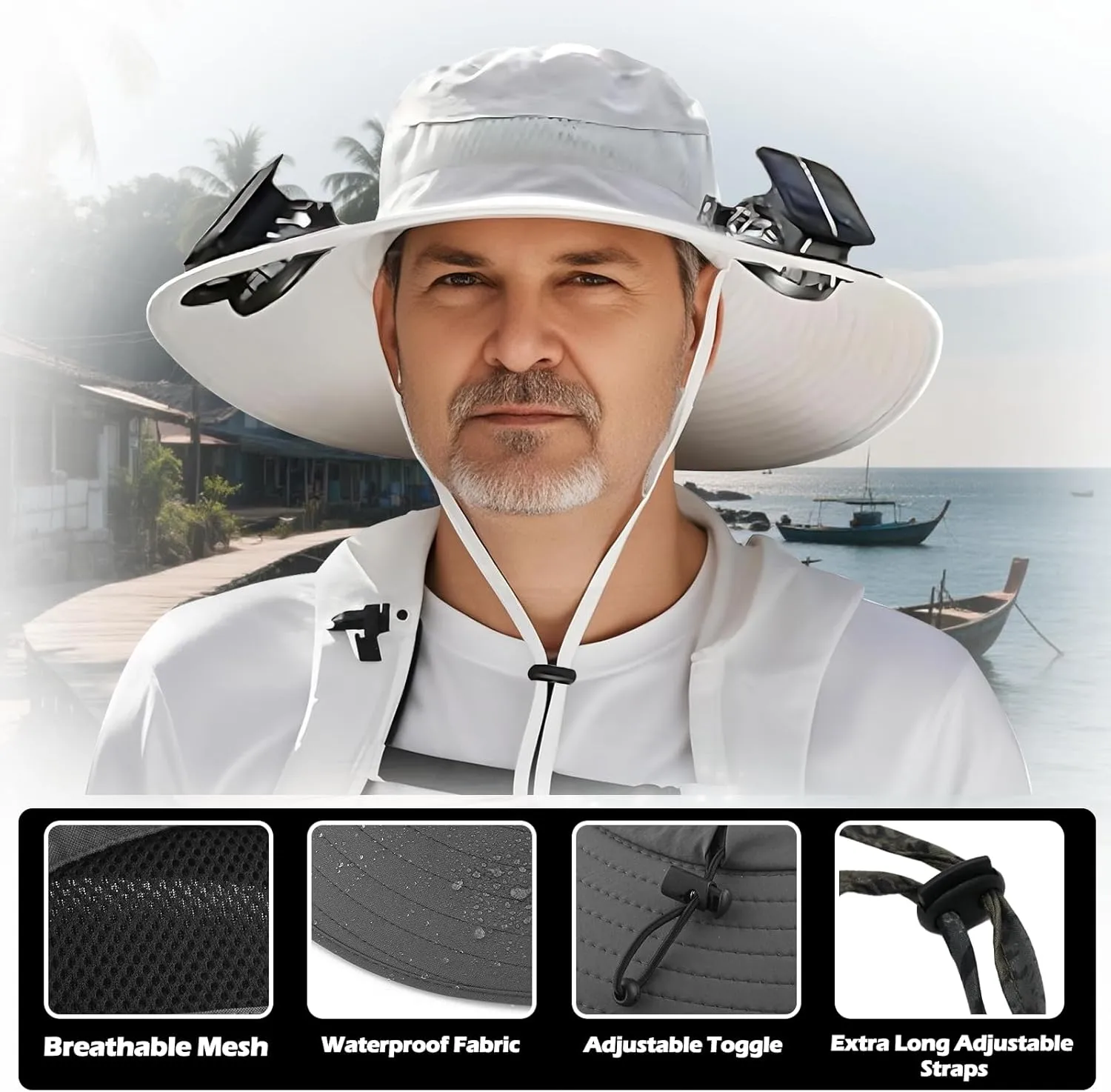 Wide Brim Solar Fan Hat, Outdoor Sun Hat with 2 Solar Power Fan for Men Women UPF 50  Sun Breathable Bucket Fishing
