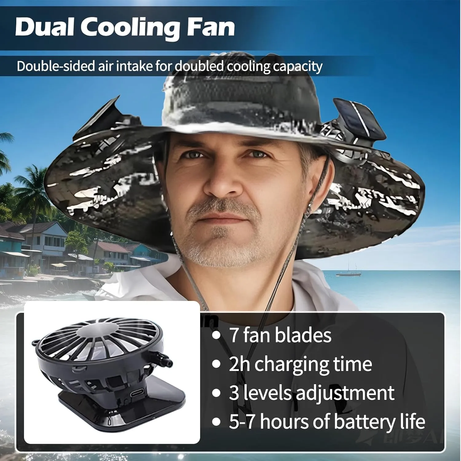 Wide Brim Solar Fan Hat, Outdoor Sun Hat with 2 Solar Power Fan for Men Women UPF 50  Sun Breathable Bucket Fishing