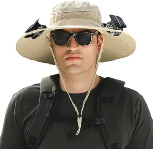 Wide Brim Solar Fan Hat, Solar Powered Fan Hat, Sun Bucket Fishing Hats with 2 Solar Fan UPF 50  Outdoor