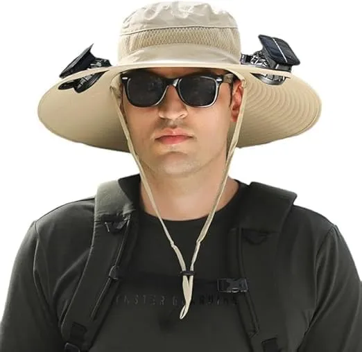 Wide Brim Solar Fan Hat, Solar Powered Fan Hat, Sun Bucket Fishing Hats with 2 Solar Fan UPF 50  Outdoor