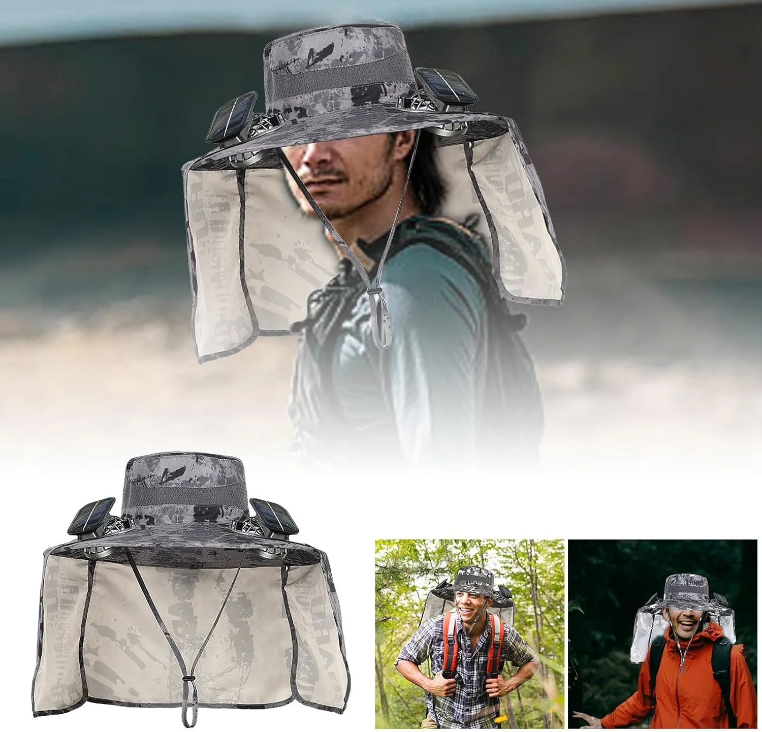 Wide Brim Solar Fan Hat with Neck Flap, Outdoor Wide Brim Sun Hat with 2 Solar Fan, Solar Powered Fan Fishing Hats