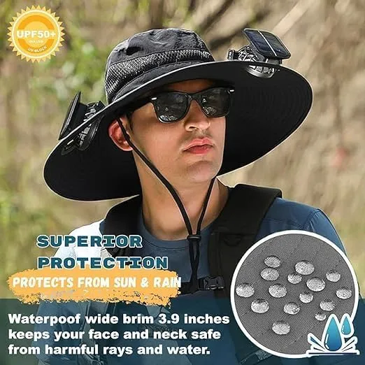 Wide Brim Solar Fan Hats for Men Women - UPF 50  Hat with Solar Fans Built in- Removable & USB Charging Fan