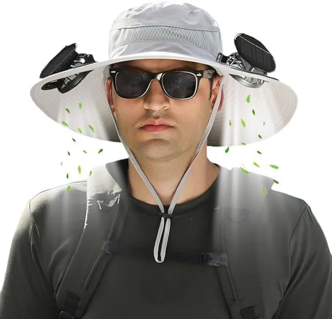 Wide Brim Solar Fan Hats for Men Women - UPF 50  Hat with Solar Fans Built in- Removable & USB Charging Fan