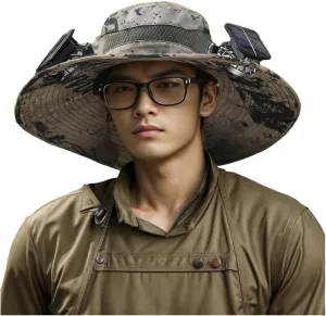 Wide Brim Solar Fan Outdoor Fishing Hat, 2024 New Solar&USB Charging Men Sun Hat With 2 Solar Fan UPF 50  Solar Fan Hat