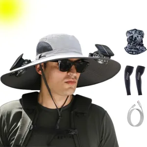 Wide Brim Solar Fan Outdoor Fishing Hat-Solar & USB Charging, Outdoor Solar Fan Hat UPF 50  for Fishing, Camping