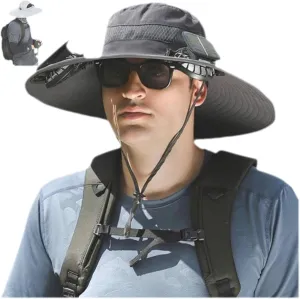 Wide Brim Solar Fan Outdoor Fishing Hat-Solar & USB Charging, Solar Fan Hat Hat with Fan Built in