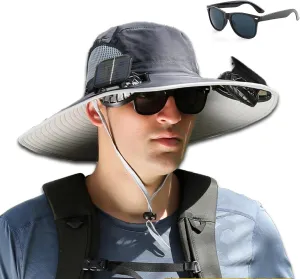 Wide Brim Solar Fan Outdoor Fishing Hat-Solar & USB Charging, Waterproof Men Sun Hat with 2 Solar Fans