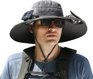 Wide Brim Solar Fan Outdoor Fishing Hat-Solar & USB Charging with 2 Fans,Quickdrying,Solar Fan Hats for Men,UPF50 