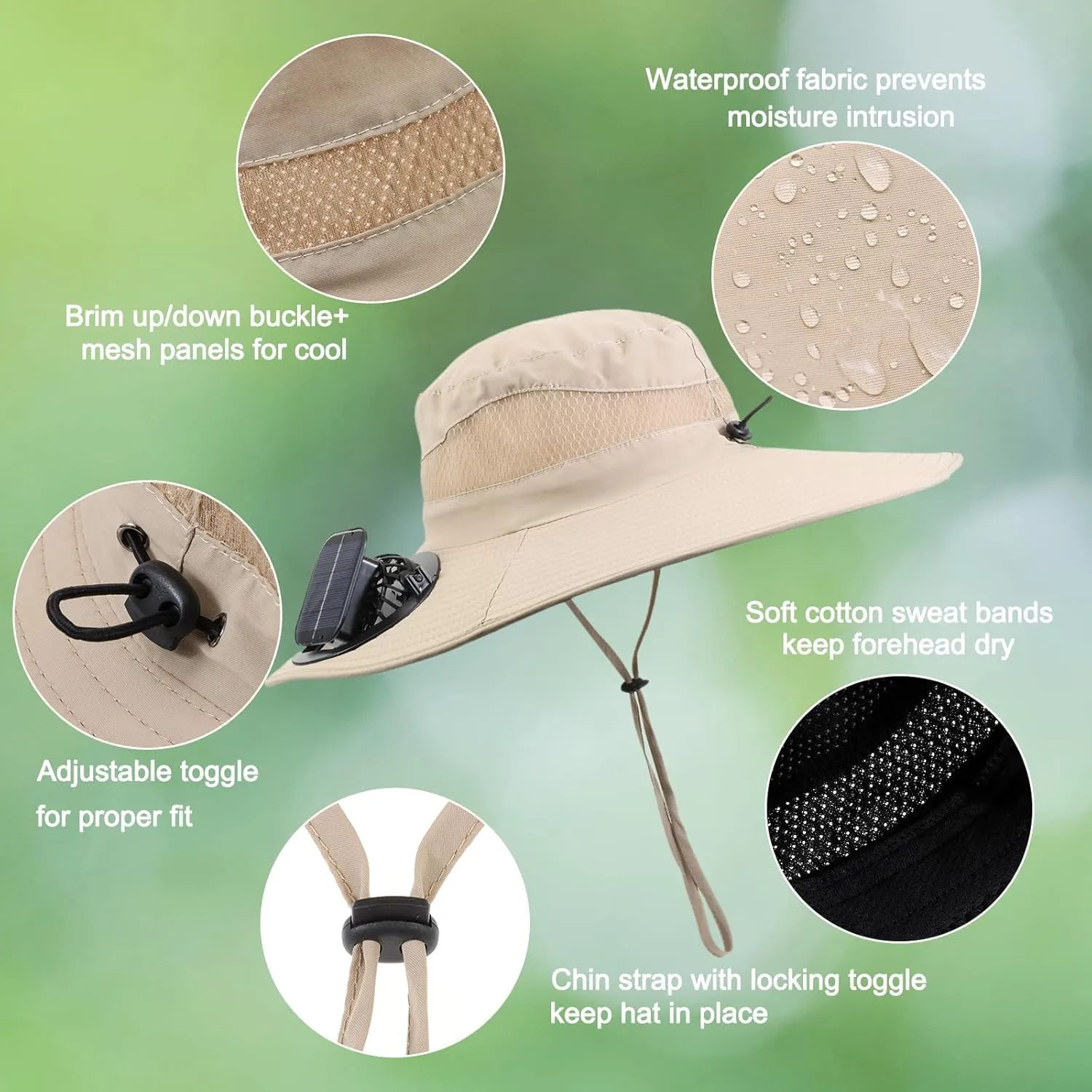 Wide Brim Solar Fan Outdoor Fishing Hat with 2 Solar Fan UPF 50  Sun Bucket Hat Waterproof Breathable Fishing Hat Bucket Hat