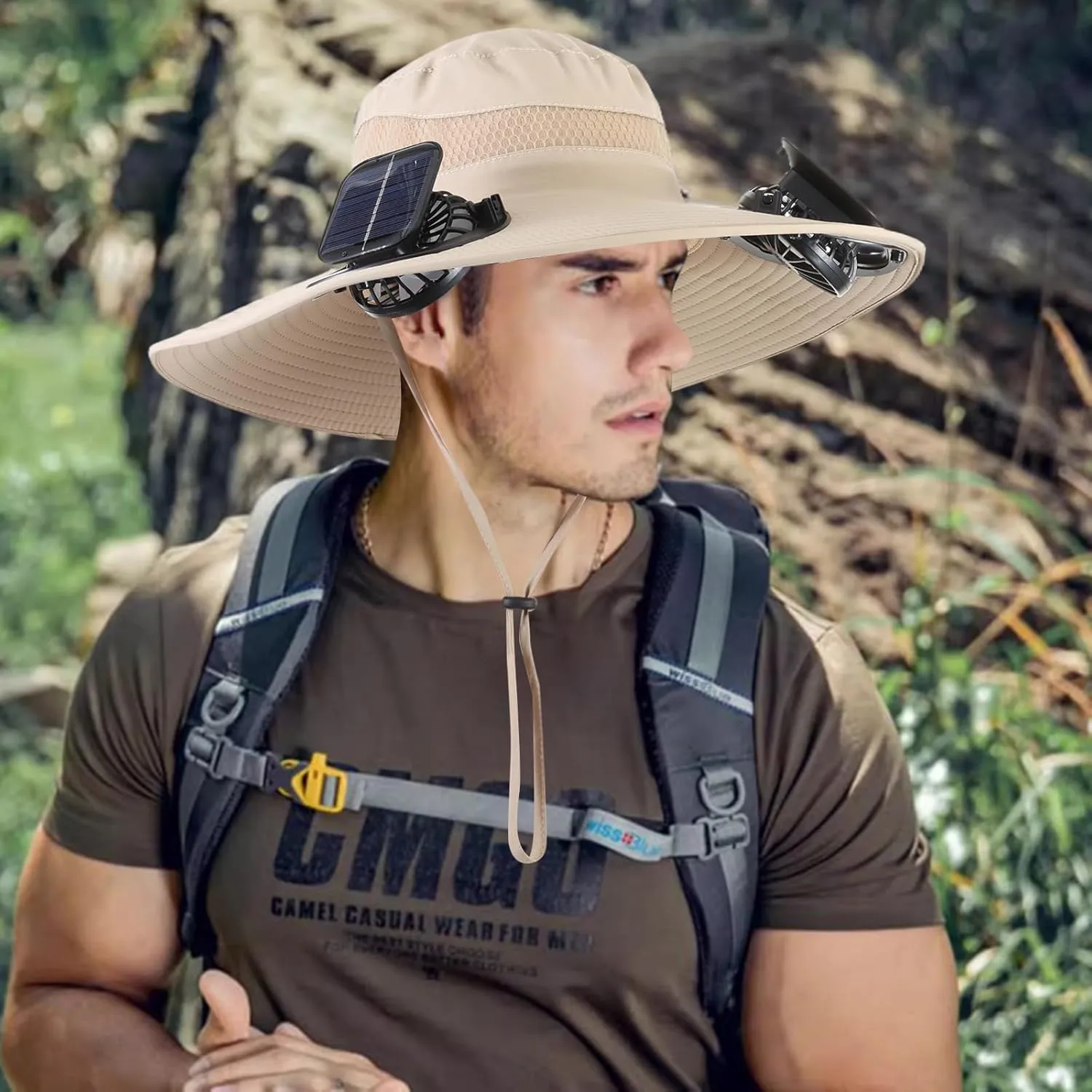 Wide Brim Solar Fan Outdoor Fishing Hat with 2 Solar Fan UPF 50  Sun Bucket Hat Waterproof Breathable Fishing Hat Bucket Hat