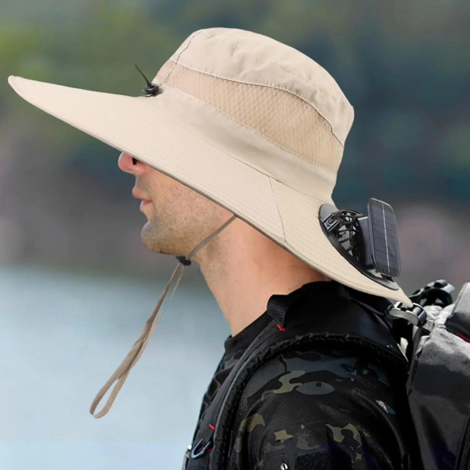 Wide Brim Solar Fan Outdoor Fishing Hat with 2 Solar Fan UPF 50  Sun Bucket Hat Waterproof Breathable Fishing Hat Bucket Hat
