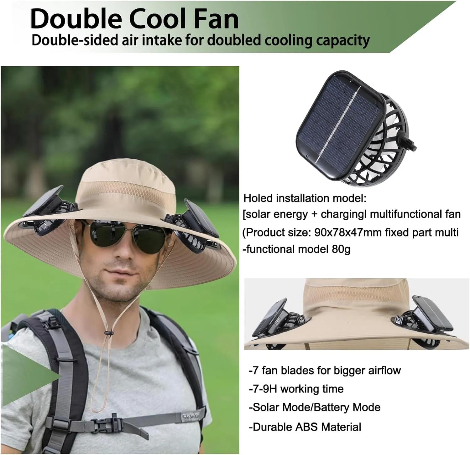 Wide Brim Solar Fan Outdoor Fishing Hat with 2 Solar Fan UPF 50  Sun Bucket Hat Waterproof Breathable Fishing Hat Bucket Hat