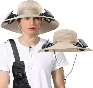 Wide Brim Solar Fan Outdoor Fishing Hat with 2 Solar Fan UPF 50  Sun Bucket Hat Waterproof Breathable Fishing Hat Bucket Hat