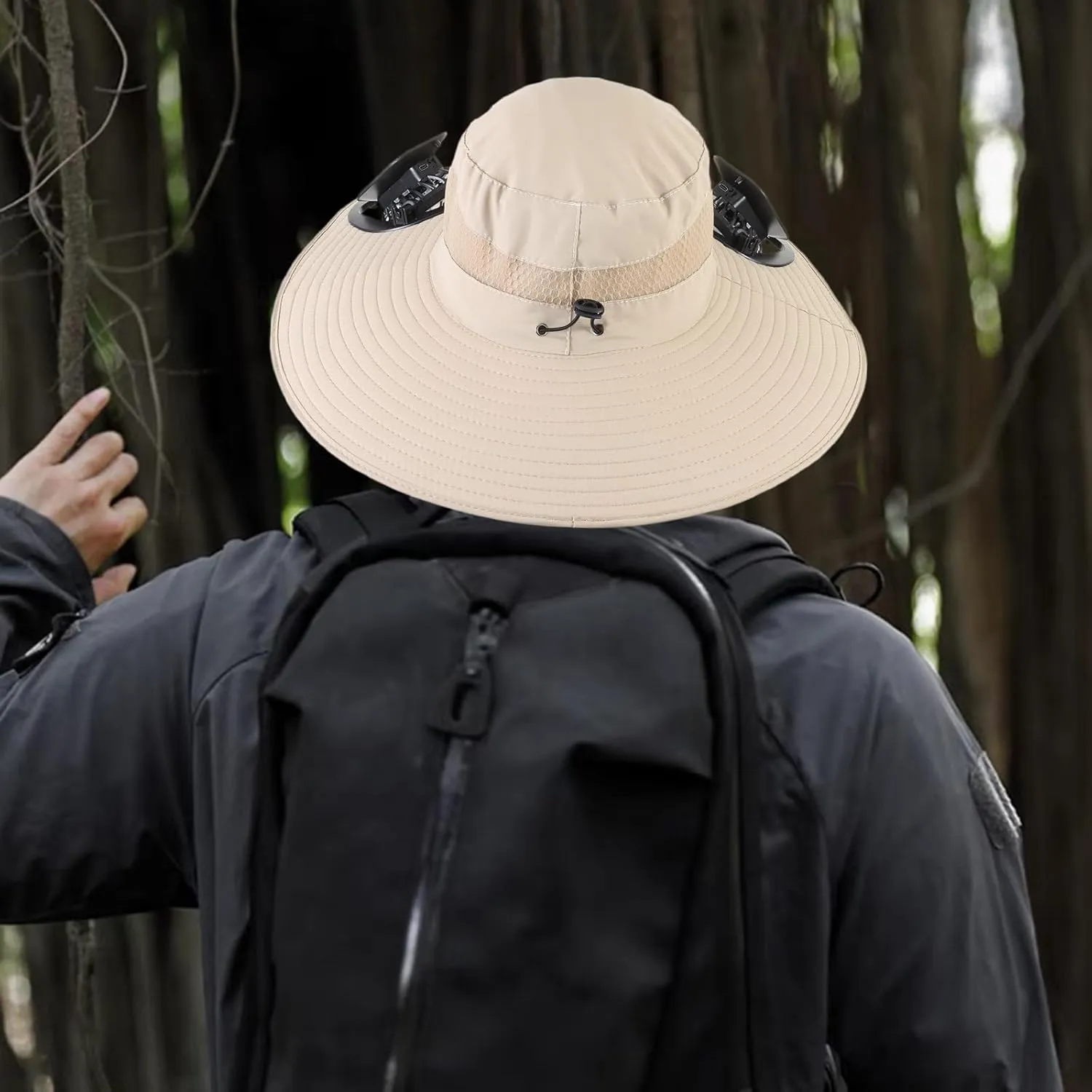 Wide Brim Solar Fan Outdoor Fishing Hat with 2 Solar Fan UPF 50  Sun Bucket Hat Waterproof Breathable Fishing Hat Bucket Hat