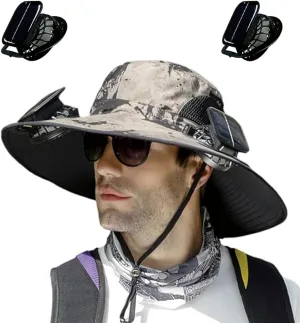 Wide Brim Solar Fan Outdoor Fishing Hat,Men Sun Hat with 2 Solar Fan Fishing Hats,Sombreros Con Ventilador Solar