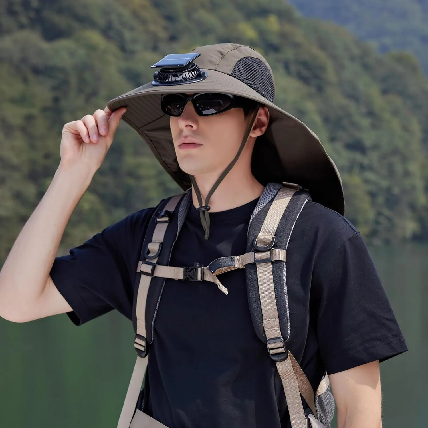 Wide Brim Solar Powered Fan Hat for Men Women, Solar & USB Charging Adjustable Ultralight Sun Hat with Fan Built in