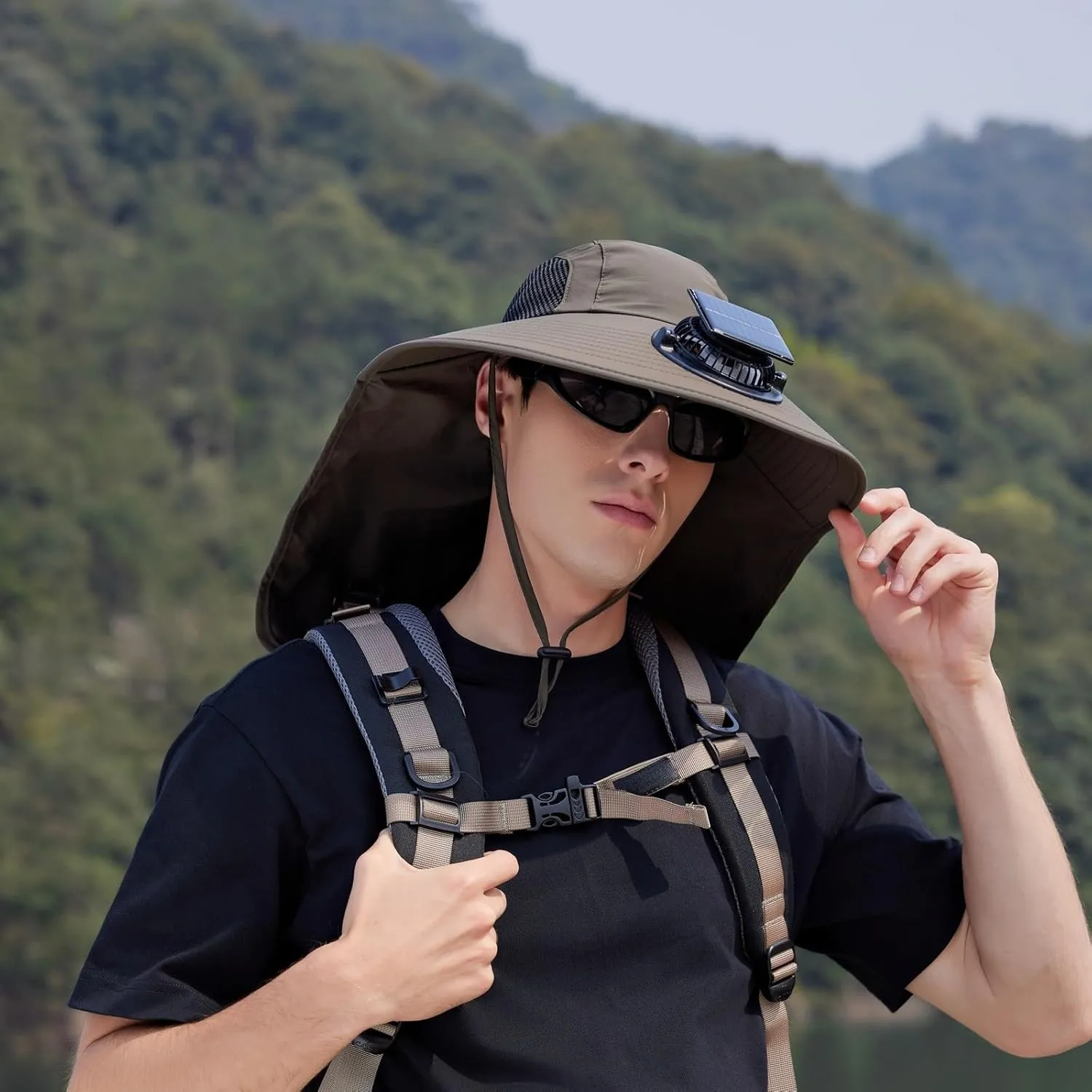 Wide Brim Solar Powered Fan Hat for Men Women, Solar & USB Charging Adjustable Ultralight Sun Hat with Fan Built in