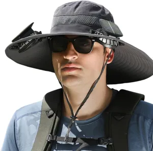 Wide Brim Solar Powered Hat Fan, UPF 50  Solar Panel Fan Hat for Beach Outdoor Fishing Hiking Camping