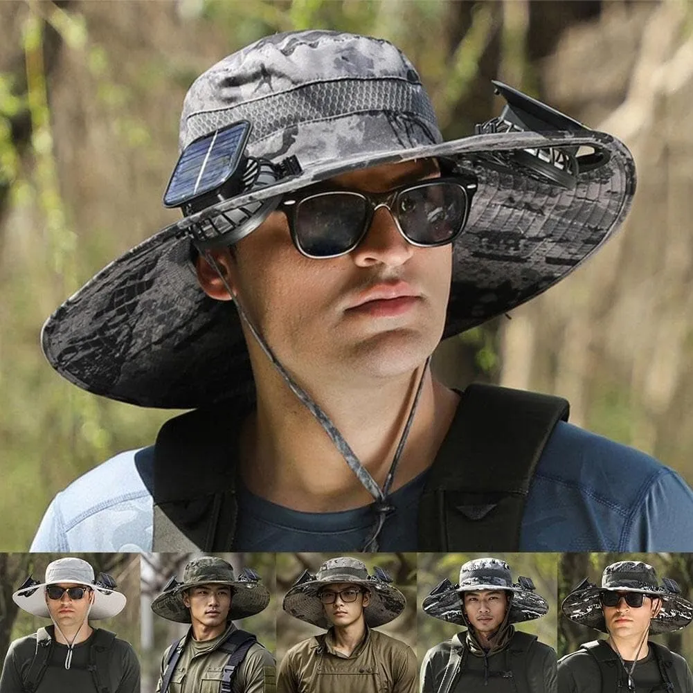 Wide Brim Sun Hat with 2 Solar Fan, Fishing Hat for Men, Solar Powered Fan Fishing Hats, 3 Speed Adjustable Fan Hat for Beach Garden Hiking Outdoor Sports 606(Light Gray)