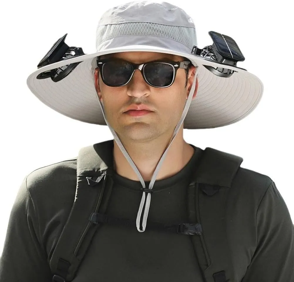 Wide Brim Sun Hat with 2 Solar Fan, Fishing Hat for Men, Solar Powered Fan Fishing Hats, 3 Speed Adjustable Fan Hat for Beach Garden Hiking Outdoor Sports 606(Light Gray)