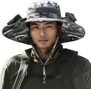 Wide Brim Sun Hat with 2 Solar Fan, Fishing Hat for Men, Solar Powered Fan Fishing Hats, 3 Speed Adjustable Fan Hat
