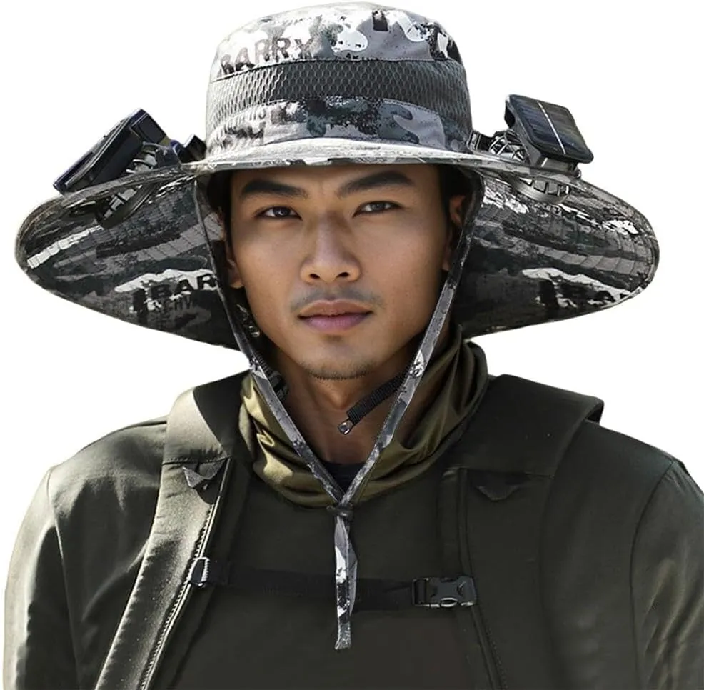Wide Brim Sun Hat with 2 Solar Fan, Fishing Hat for Men, Solar Powered Fan Fishing Hats, 3 Speed Adjustable Fan Hat