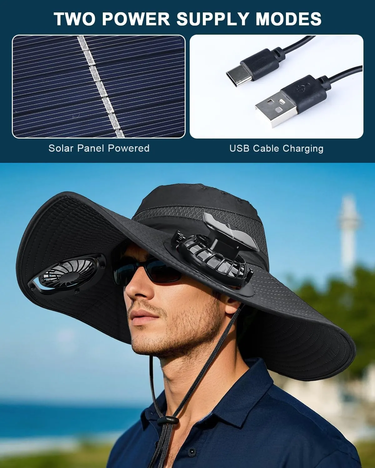 Wide Brim Sun Hat with 2 Solar Fan, Sun Bucket Hat for Men Women, UPF 50  Bucket Fishing & Beach Hat with Fan