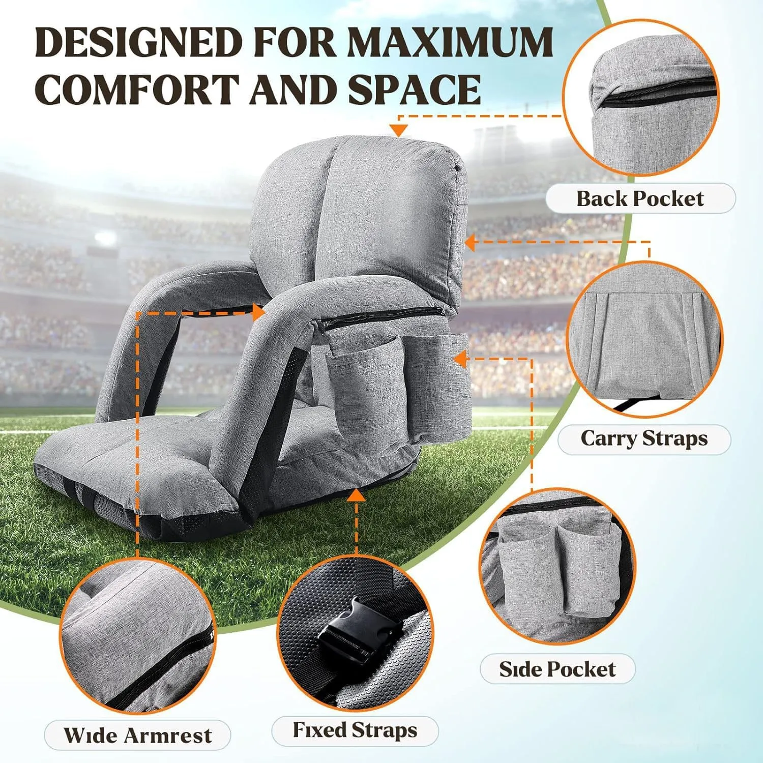 Wide Stadium Seats with Back Support, Bleacher Chairs with Comfy Cushion, 6 Reclining Positions, Portable Stadium Chair Bleacher Seat with Armrests for Outdoor Sport Events, Camping, Beaches (Gray)