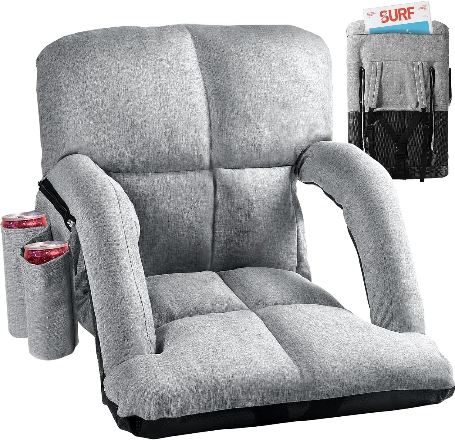 Wide Stadium Seats with Back Support, Bleacher Chairs with Comfy Cushion, 6 Reclining Positions, Portable Stadium Chair Bleacher Seat with Armrests for Outdoor Sport Events, Camping, Beaches (Gray)