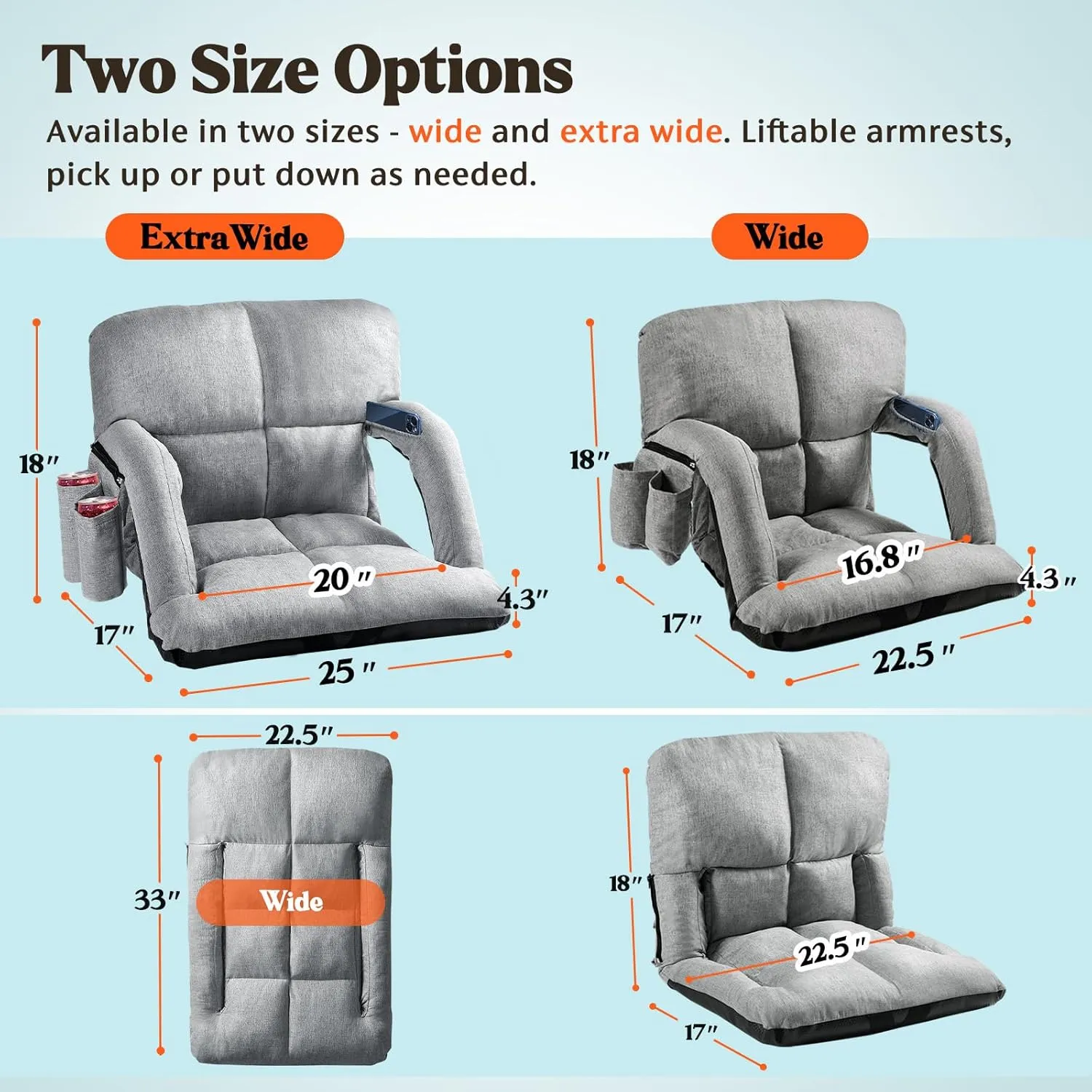 Wide Stadium Seats with Back Support, Bleacher Chairs with Comfy Cushion, 6 Reclining Positions, Portable Stadium Chair Bleacher Seat with Armrests for Outdoor Sport Events, Camping, Beaches (Gray)