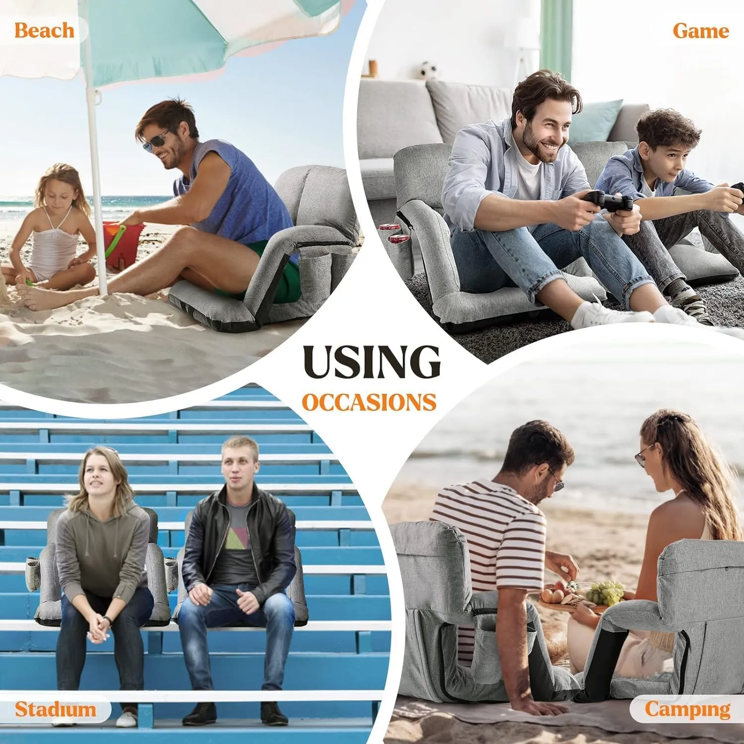 Wide Stadium Seats with Back Support, Bleacher Chairs with Comfy Cushion, 6 Reclining Positions, Portable Stadium Chair Bleacher Seat with Armrests for Outdoor Sport Events, Camping, Beaches (Gray)
