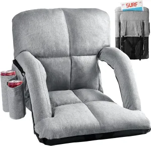 Wide Stadium Seats with Back Support, Bleacher Chairs with Comfy Cushion, 6 Reclining Positions, Portable Stadium Chair Bleacher Seat with Armrests for Outdoor Sport Events, Camping, Beaches (Gray)
