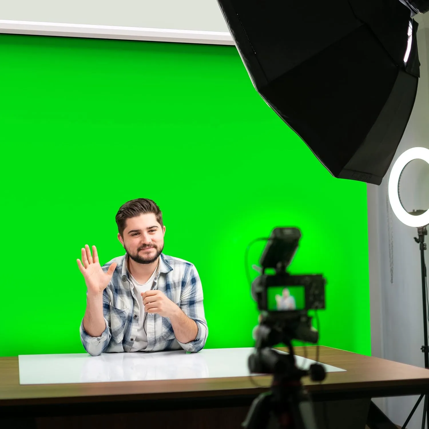 【Wider Style】 KHOMO GEAR Green Screen 84 x 84 inch - Extra Large Pull Down Projector Green Screen Backdrop - Portable Collapsible Roll Down Projector Screen