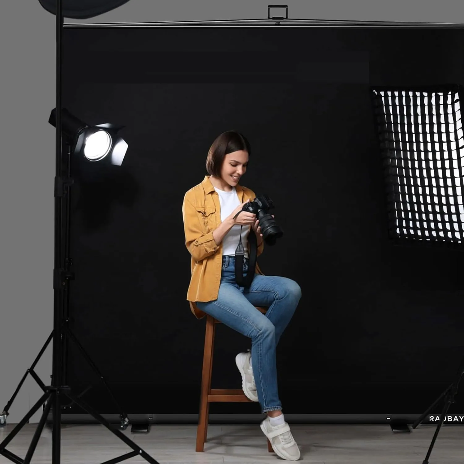 【Wider Style】 RAUBAY 78.7 x 82.7in Large Collapsible Black Backdrop Screen Portable Retractable Panel Photo Background with Stand for Video Conference, Photographic Studio, Streaming